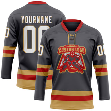 Custom Steel Gray Old Gold-Red Hockey Lace Neck Jersey