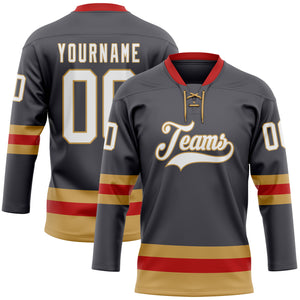 Custom Steel Gray Old Gold-Red Hockey Lace Neck Jersey