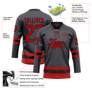 Custom Steel Gray Red-Black Hockey Lace Neck Jersey