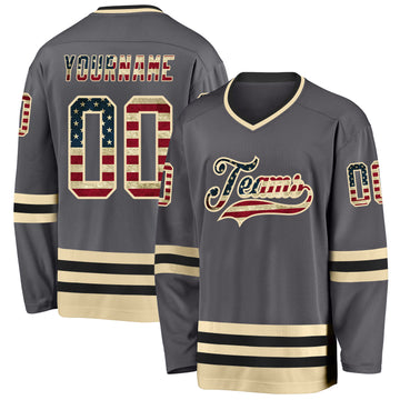 Custom Steel Gray Vintage USA Flag Cream-Black Hockey Jersey