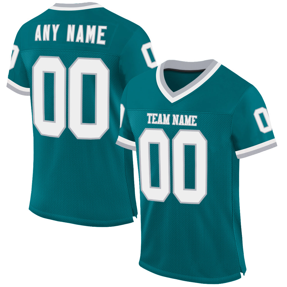 Custom Teal White-Gray Mesh Authentic Throwback Football Jersey