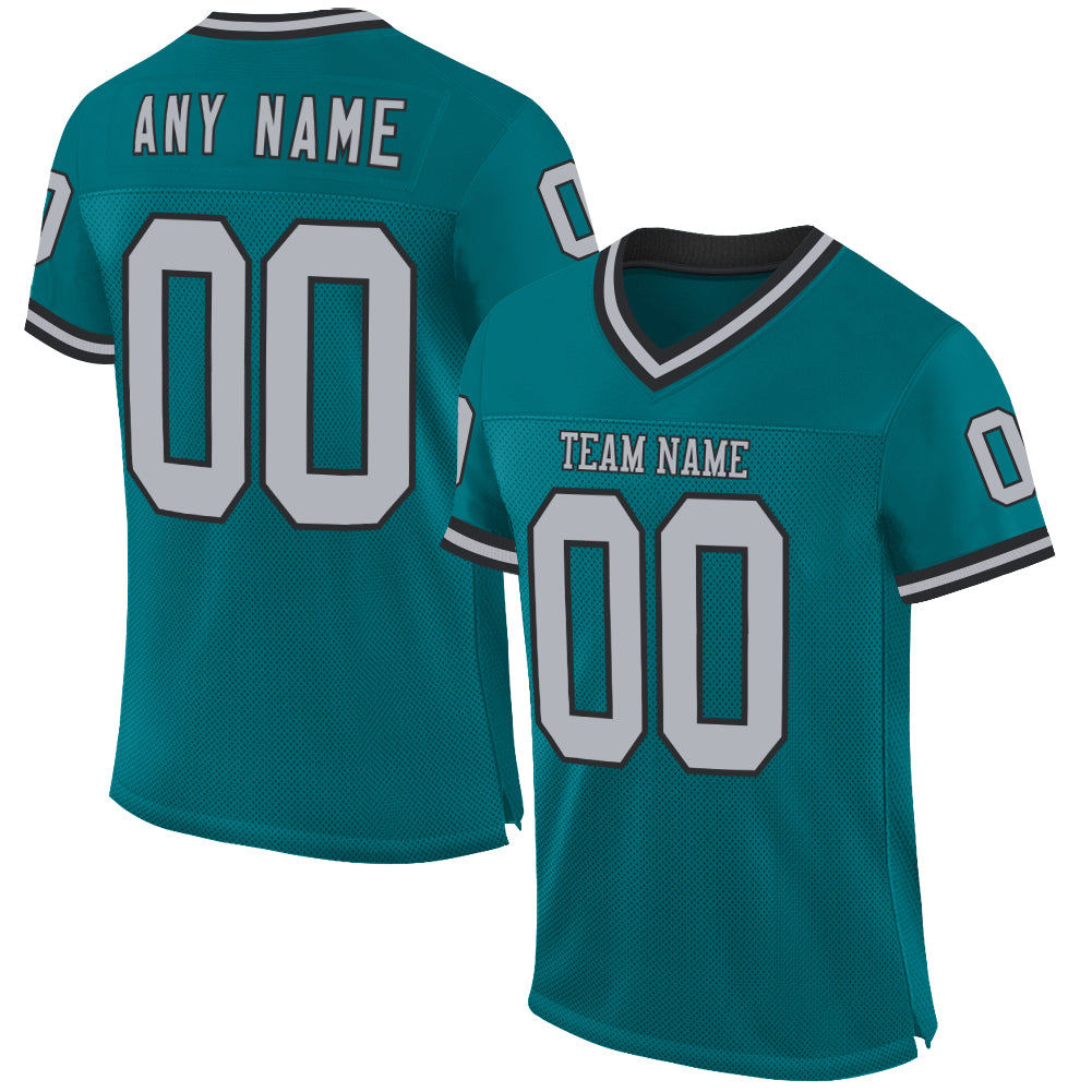 Custom Teal Gray-Black Mesh Authentic Throwback Football Jersey