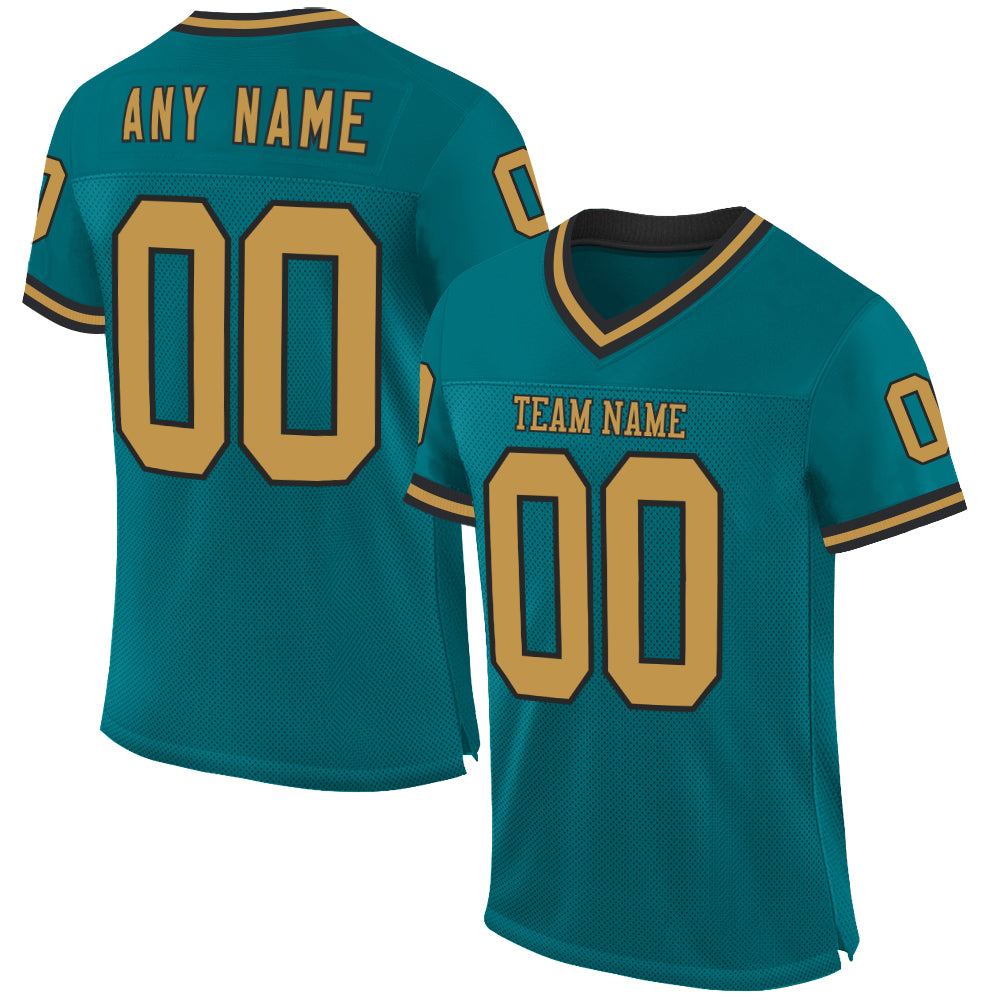 Custom Teal Old Gold-Black Mesh Authentic Throwback Football Jersey