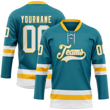 Load image into Gallery viewer, Custom Teal White-Gold Hockey Lace Neck Jersey
