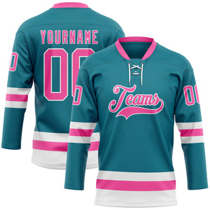 Custom Teal Pink-White Hockey Lace Neck Jersey