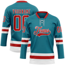 Load image into Gallery viewer, Custom Teal Red-White Hockey Lace Neck Jersey
