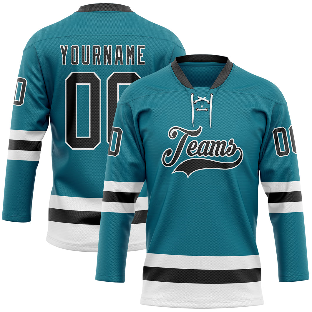 Custom Teal Black-White Hockey Lace Neck Jersey