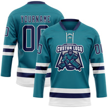 Load image into Gallery viewer, Custom Teal Navy-White Hockey Lace Neck Jersey
