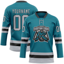 Load image into Gallery viewer, Custom Teal Gray-Black Hockey Lace Neck Jersey
