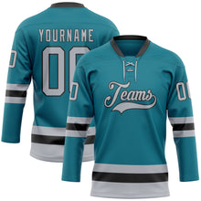 Load image into Gallery viewer, Custom Teal Gray-Black Hockey Lace Neck Jersey
