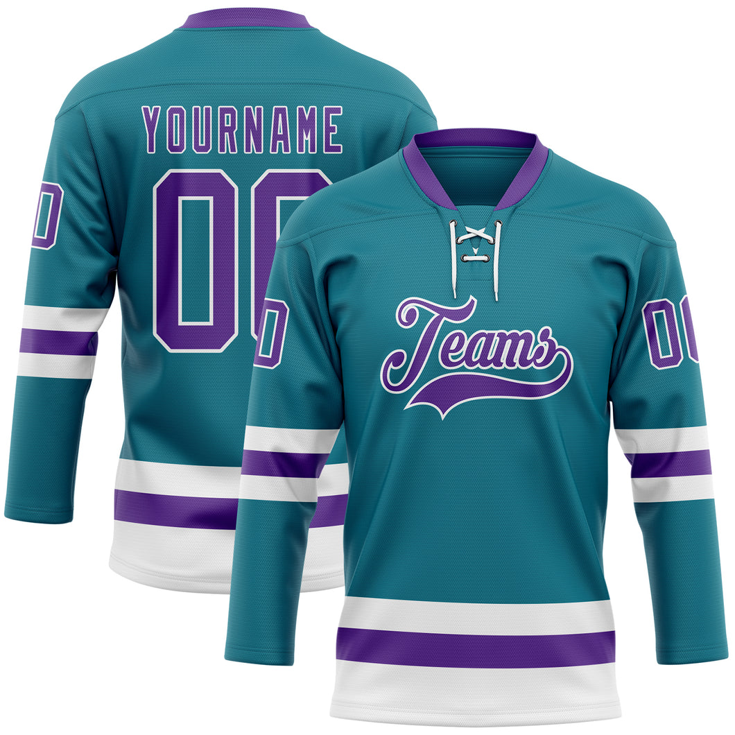 Custom Teal Purple-White Hockey Lace Neck Jersey