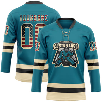 Custom Teal Vintage USA Flag Cream-Black Hockey Lace Neck Jersey