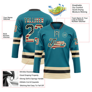 Custom Teal Vintage USA Flag Cream-Black Hockey Lace Neck Jersey