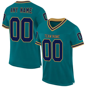 Custom Teal Navy-Old Gold Mesh Authentic Throwback Football Jersey