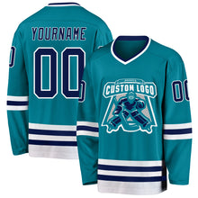 Load image into Gallery viewer, Custom Teal Navy-White Hockey Jersey
