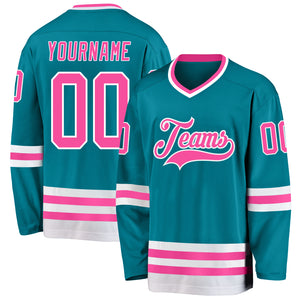 Custom Teal Pink-White Hockey Jersey