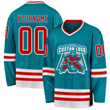 Load image into Gallery viewer, Custom Teal Red-White Hockey Jersey
