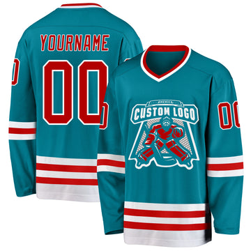 Custom Teal Red-White Hockey Jersey