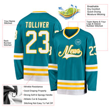 Load image into Gallery viewer, Custom Teal White-Gold Hockey Jersey
