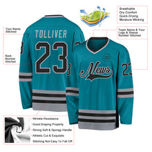 Load image into Gallery viewer, Custom Teal Black-Gray Hockey Jersey
