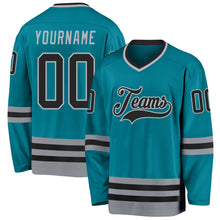 Load image into Gallery viewer, Custom Teal Black-Gray Hockey Jersey
