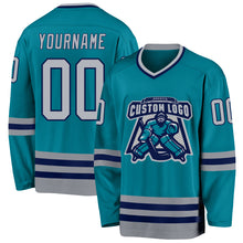 Load image into Gallery viewer, Custom Teal Gray-Navy Hockey Jersey
