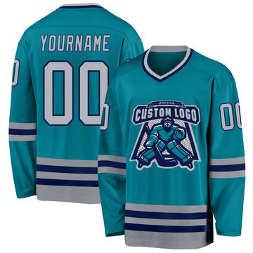 Custom Teal Gray-Navy Hockey Jersey