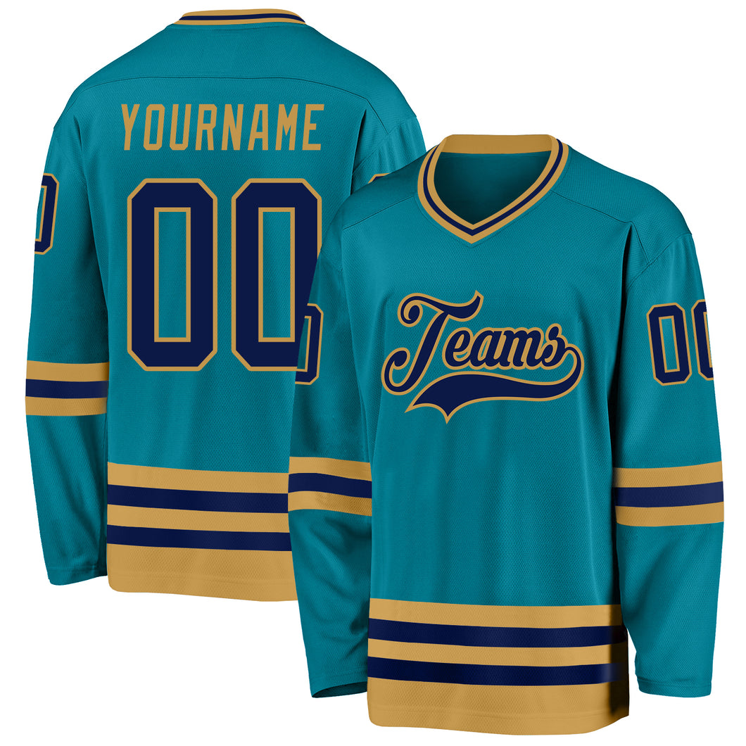 Custom Teal Navy-Old Gold Hockey Jersey