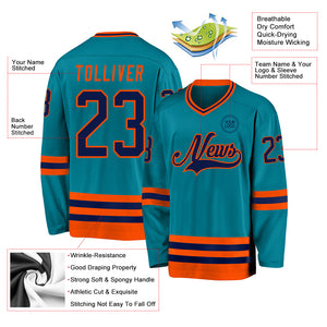 Custom Teal Navy-Orange Hockey Jersey