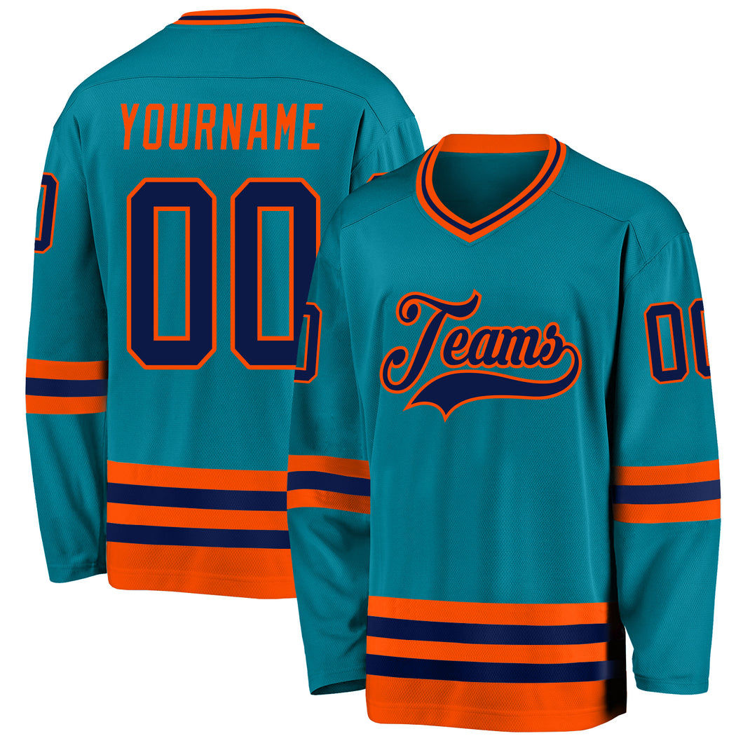 Custom Teal Navy-Orange Hockey Jersey