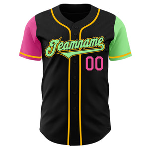 Custom Black Pink Pea Green-Gold Authentic Two Tone Baseball Jersey