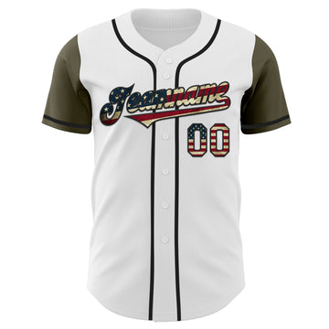 Custom White Vintage USA Flag Black-Olive Authentic Two Tone Baseball Jersey