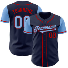 Load image into Gallery viewer, Custom Navy Light Blue-Red Authentic Two Tone Baseball Jersey
