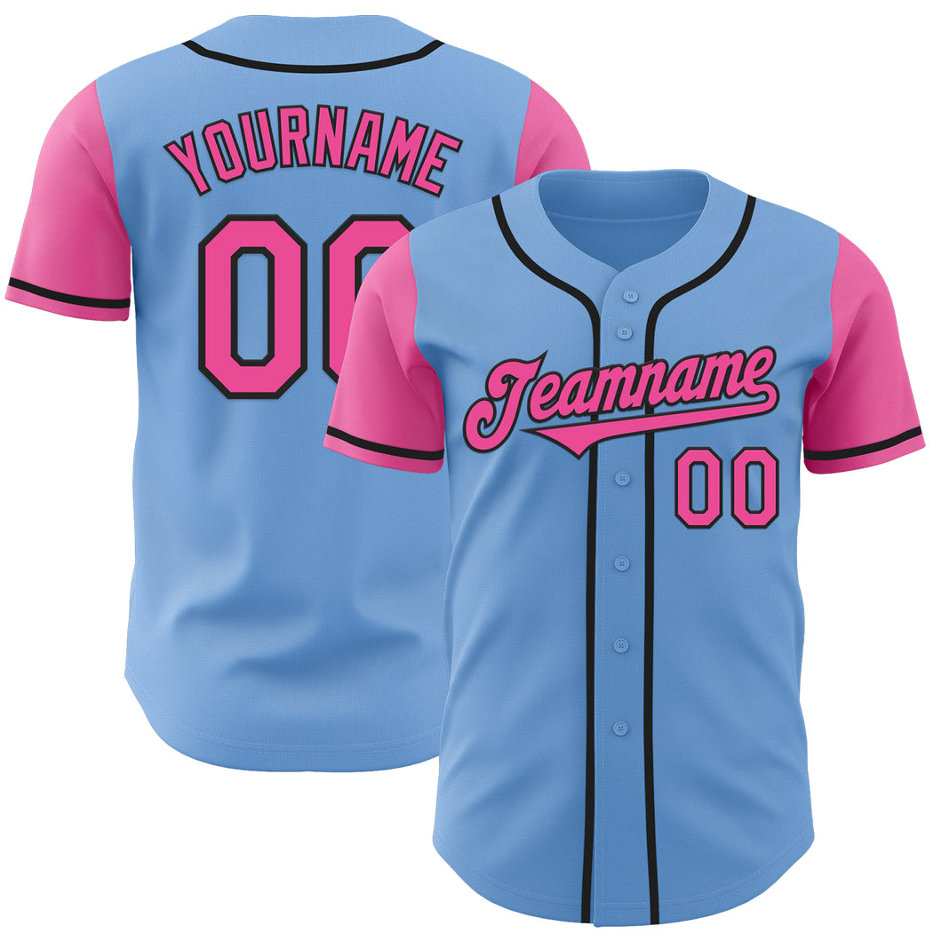 Custom Light Blue Pink-Black Authentic Two Tone Baseball Jersey