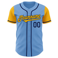 Load image into Gallery viewer, Custom Light Blue Gold-Navy Authentic Two Tone Baseball Jersey
