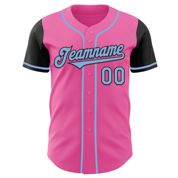 Custom Pink Light Blue-Black Authentic Two Tone Baseball Jersey