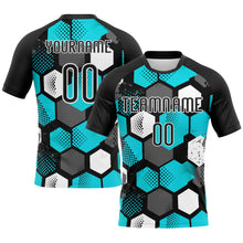 Load image into Gallery viewer, Custom Black Aqua-White Geometric Shape Sublimation Volleyball Uniform Jersey
