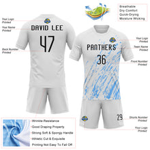 Load image into Gallery viewer, Custom White Black-Light Blue Splash Sublimation Volleyball Uniform Jersey
