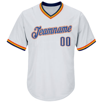 Custom White Blue Navy-Orange Authentic Throwback Rib-Knit Baseball Jersey Shirt