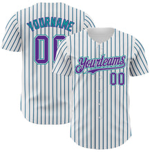 Load image into Gallery viewer, Custom White (Purple Teal Pinstripe) Purple-Teal Authentic Baseball Jersey
