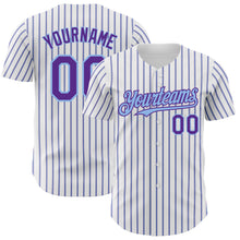 Load image into Gallery viewer, Custom White (Purple Light Blue Pinstripe) Purple-Light Blue Authentic Baseball Jersey
