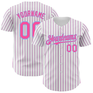 Custom White (Light Blue Pink Pinstripe) Pink-Light Blue Authentic Baseball Jersey