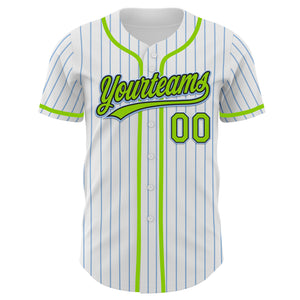 Custom White Light Blue Pinstripe Neon Green-Black Authentic Baseball Jersey