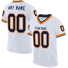 Load image into Gallery viewer, Custom White Navy Gold-Orange Mesh Authentic Throwback Football Jersey
