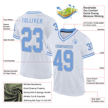 Custom White Light Blue-Gray Mesh Authentic Throwback Football Jersey