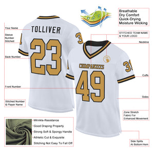 Custom White Old Gold-Black Mesh Authentic Throwback Football Jersey