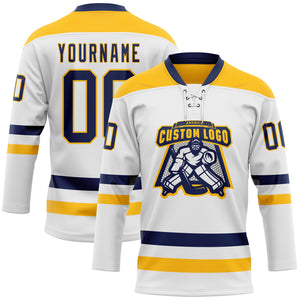 Custom White Navy-Gold Hockey Lace Neck Jersey