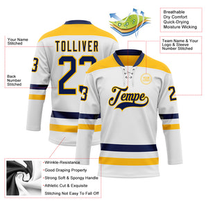 Custom White Navy-Gold Hockey Lace Neck Jersey