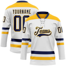 Load image into Gallery viewer, Custom White Navy-Gold Hockey Lace Neck Jersey
