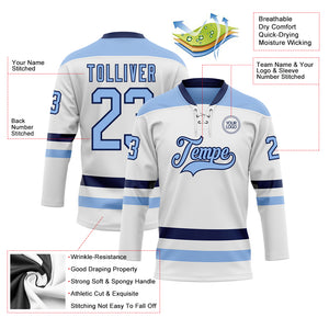 Custom White Light Blue-Navy Hockey Lace Neck Jersey